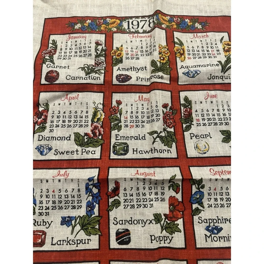 Vintage 1978 Printed Cloth Hanging Wall Calendar Tea Towel Birthstones & Flowers